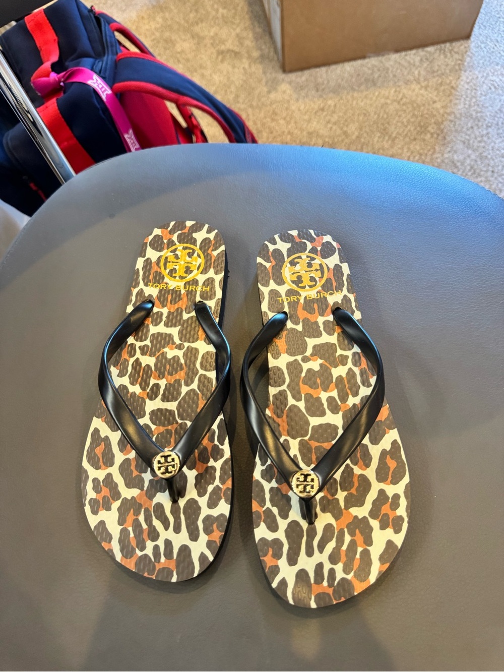 Tory Burch Leopard-Print Flip Flops with Black Straps
